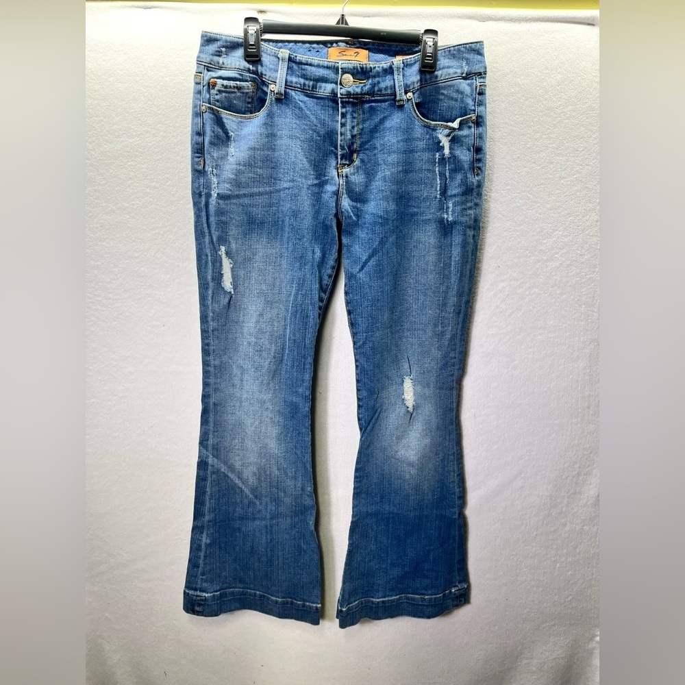 Seven7 Distressed Sexy Flare Jeans Womens 32 Plus Size‎ Blue Denim Stretch 2555